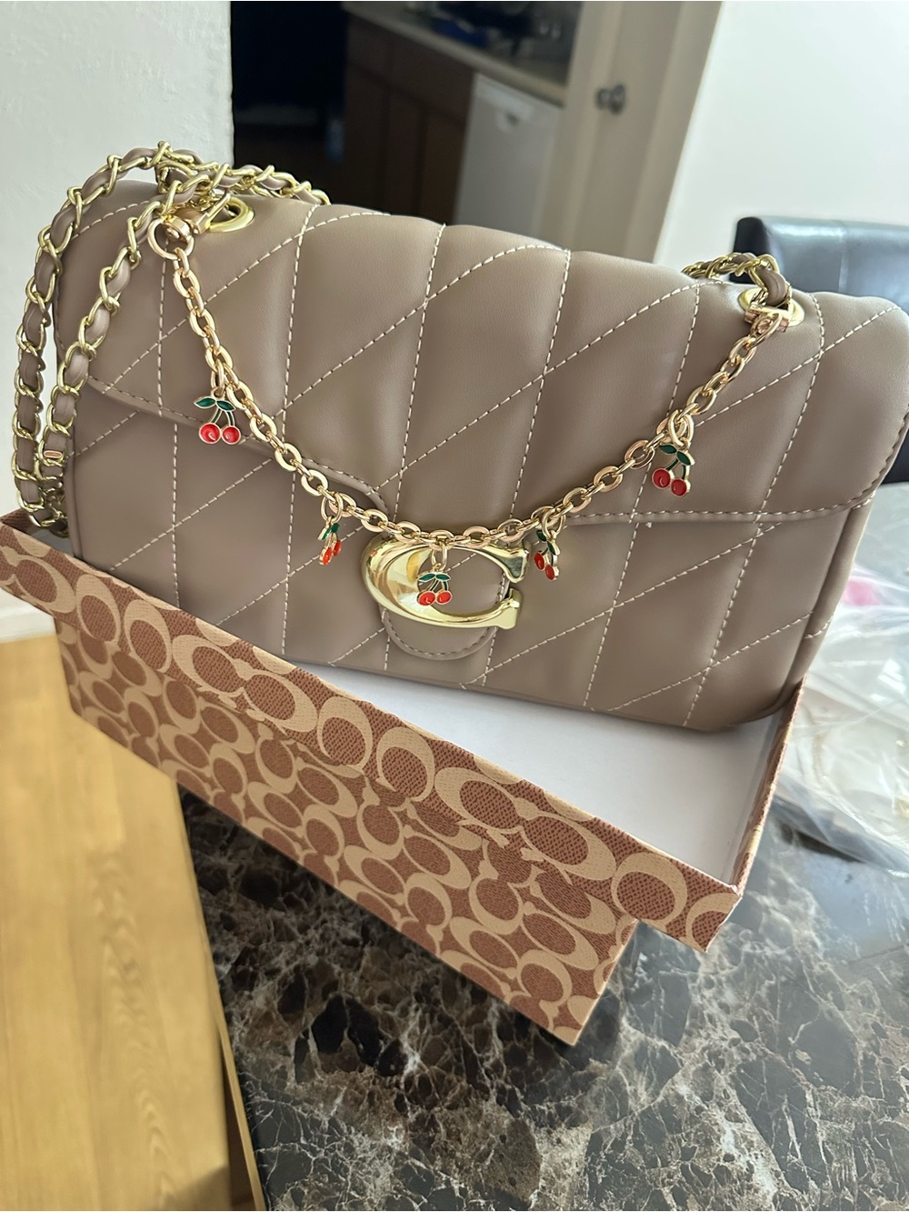 Coach Quilted Taupe Shoulder Bag with Gold Chain and Cherry Charms
